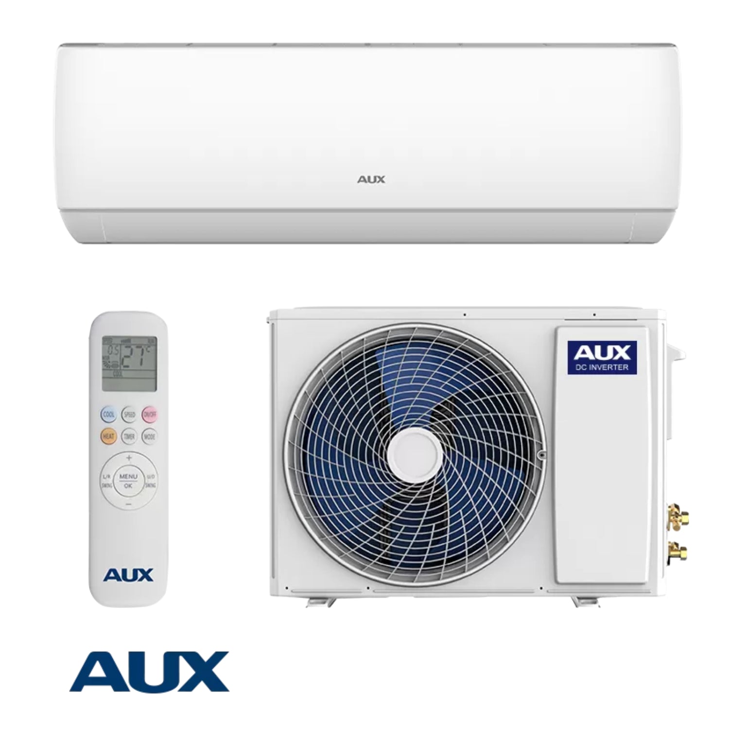 Aire acondicionado AUX blanco, unidad interior y exterior, control remoto incluido.